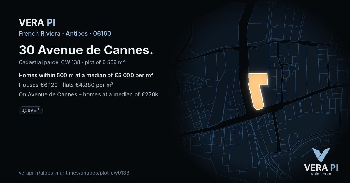 30 Avenue de Cannes, Antibes at night – the plot lit, the parcels around coloured by the prices near them