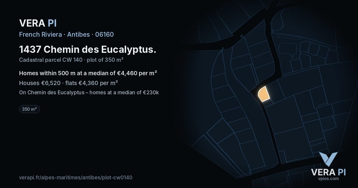 1437 Chemin des Eucalyptus, Antibes at night – the plot lit, the parcels around coloured by the prices near them