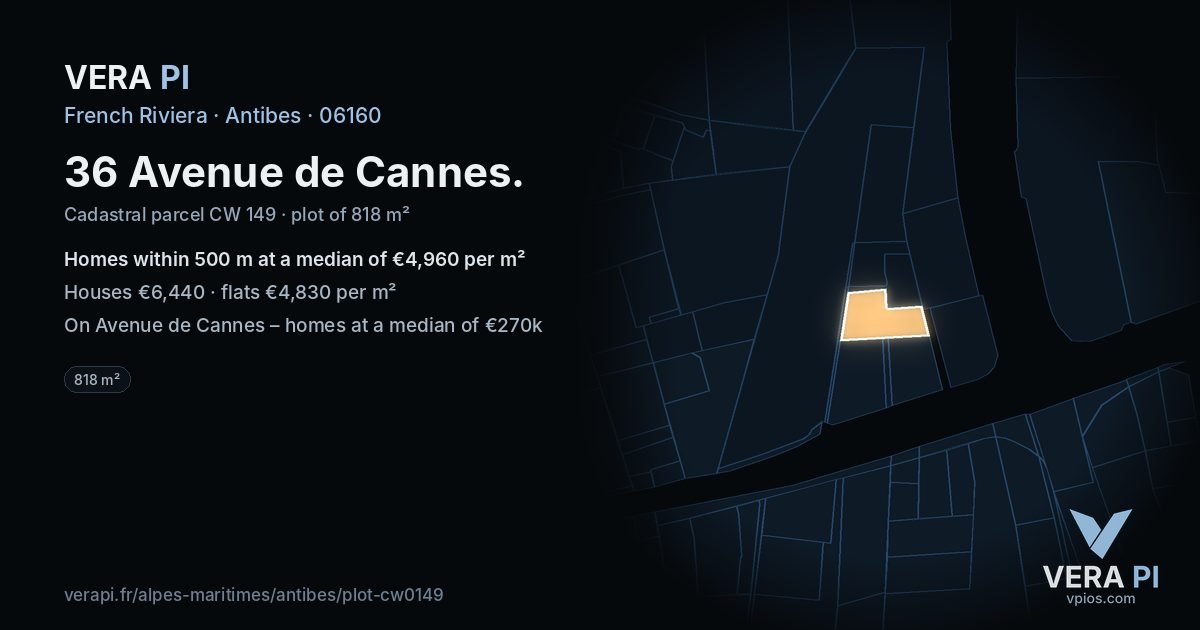 36 Avenue de Cannes, Antibes at night – the plot lit, the parcels around coloured by the prices near them