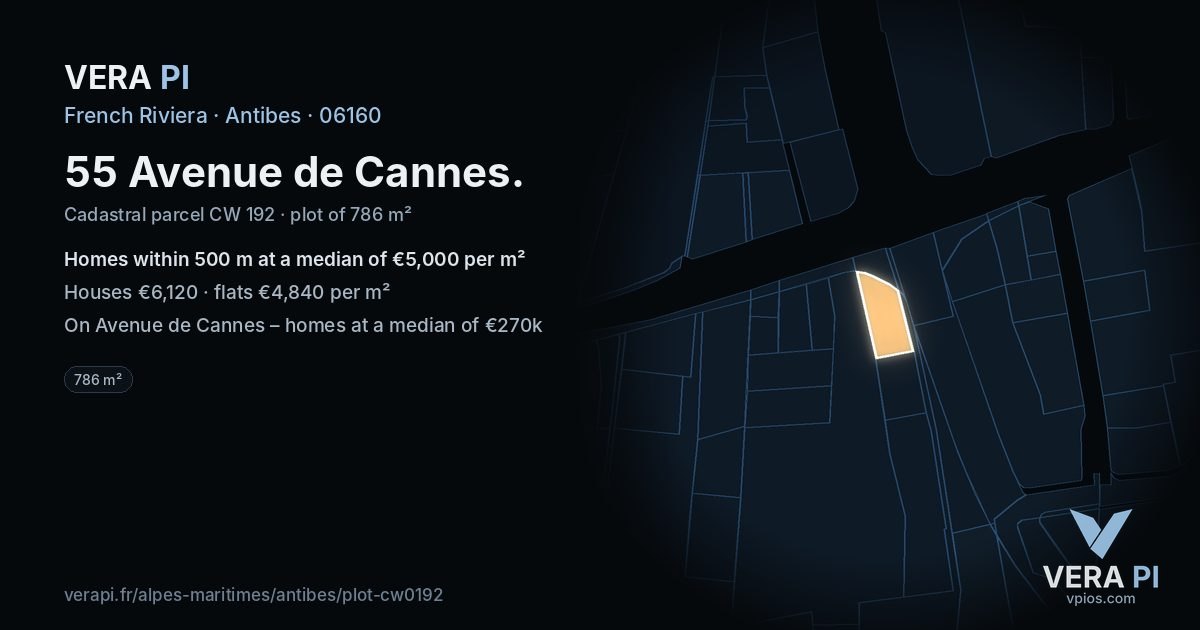 55 Avenue de Cannes, Antibes at night – the plot lit, the parcels around coloured by the prices near them