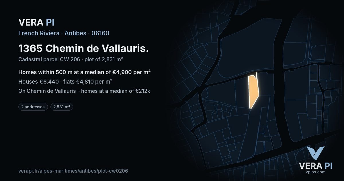1365 Chemin de Vallauris, Antibes at night – the plot lit, the parcels around coloured by the prices near them