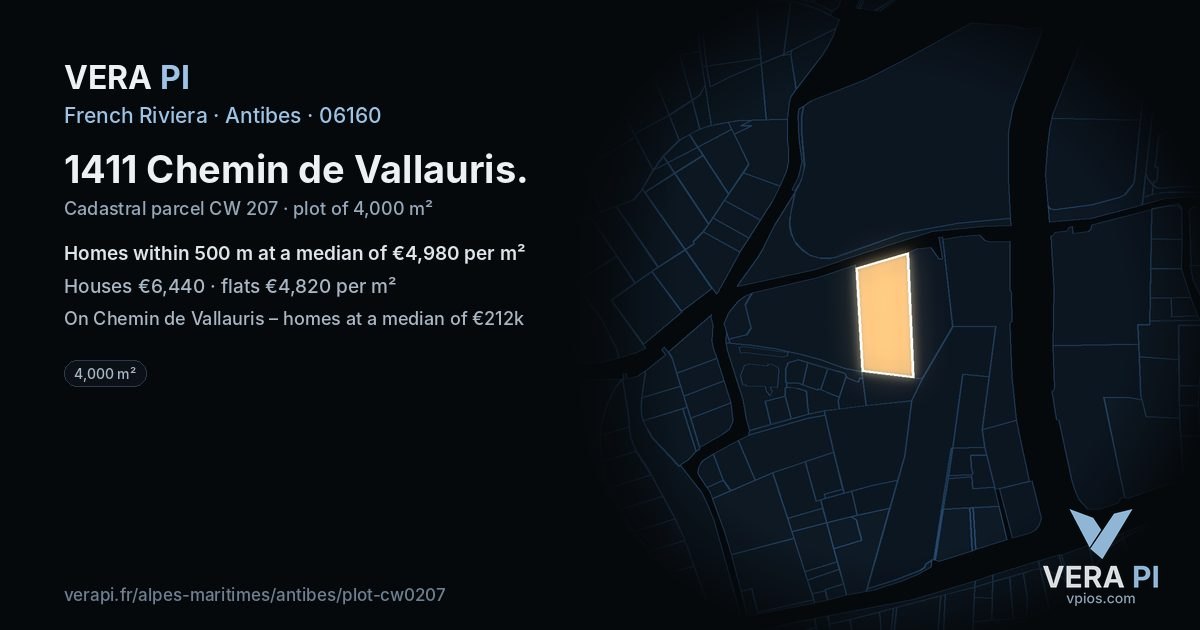 1411 Chemin de Vallauris, Antibes at night – the plot lit, the parcels around coloured by the prices near them