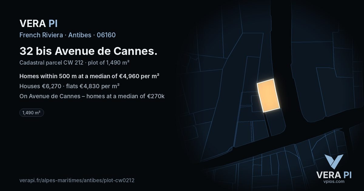 32 bis Avenue de Cannes, Antibes at night – the plot lit, the parcels around coloured by the prices near them