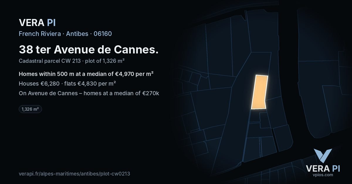 38 ter Avenue de Cannes, Antibes at night – the plot lit, the parcels around coloured by the prices near them