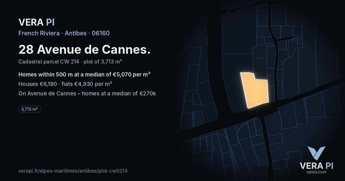 28 Avenue de Cannes, Antibes at night – the plot lit, the parcels around coloured by the prices near them