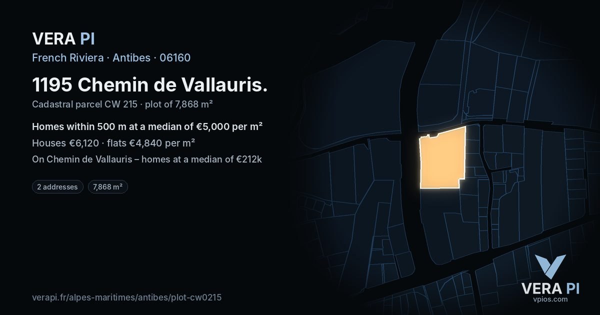 1195 Chemin de Vallauris, Antibes at night – the plot lit, the parcels around coloured by the prices near them