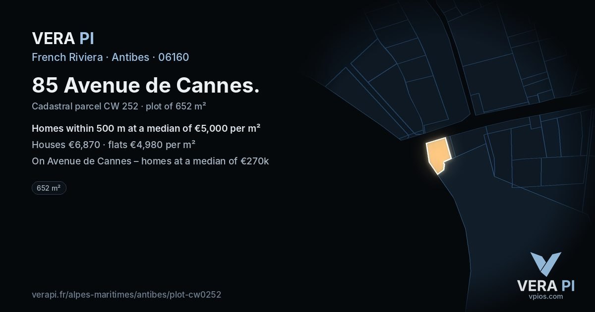 85 Avenue de Cannes, Antibes at night – the plot lit, the parcels around coloured by the prices near them