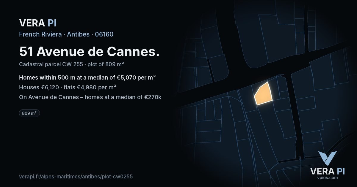 51 Avenue de Cannes, Antibes at night – the plot lit, the parcels around coloured by the prices near them
