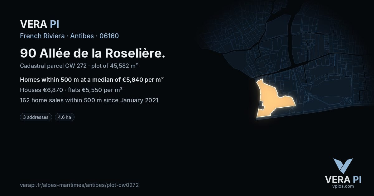 90 Allée de la Roselière, Antibes at night – the plot lit, the parcels around coloured by the prices near them