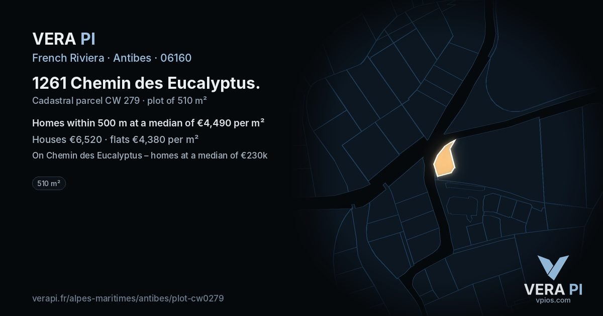1261 Chemin des Eucalyptus, Antibes at night – the plot lit, the parcels around coloured by the prices near them
