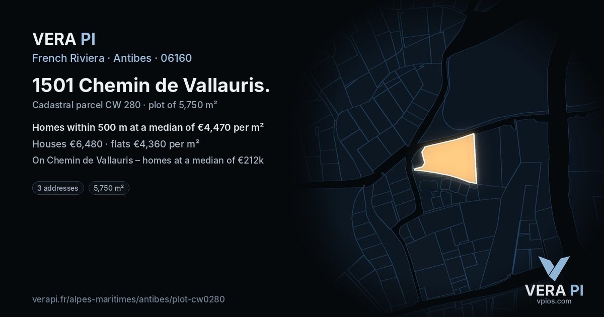 1501 Chemin de Vallauris, Antibes at night – the plot lit, the parcels around coloured by the prices near them