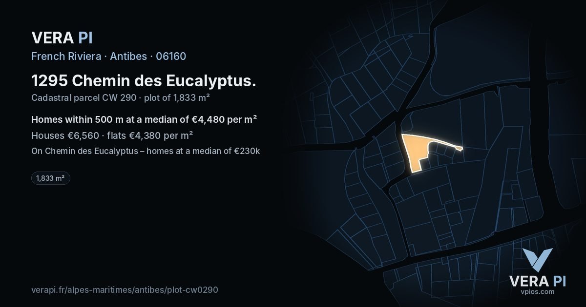 1295 Chemin des Eucalyptus, Antibes at night – the plot lit, the parcels around coloured by the prices near them