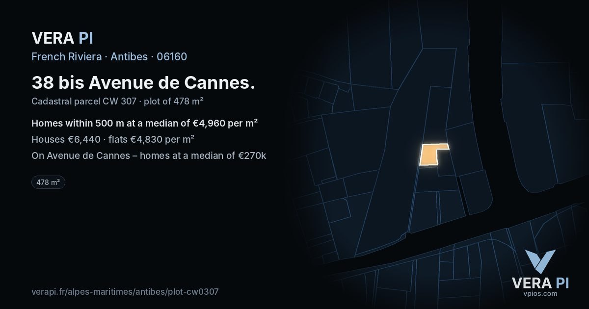 38 bis Avenue de Cannes, Antibes at night – the plot lit, the parcels around coloured by the prices near them