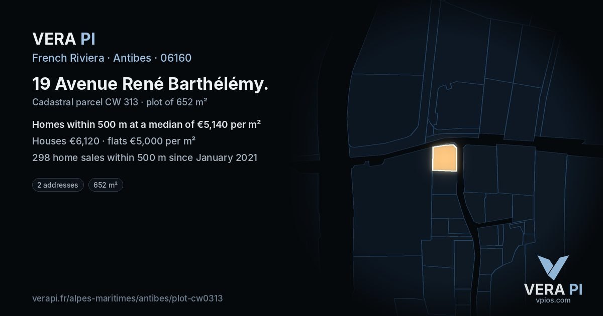 19 Avenue René Barthélémy, Antibes at night – the plot lit, the parcels around coloured by the prices near them