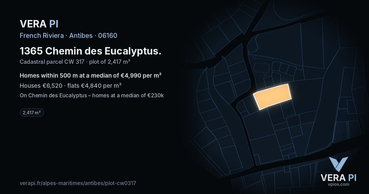 1365 Chemin des Eucalyptus, Antibes at night – the plot lit, the parcels around coloured by the prices near them