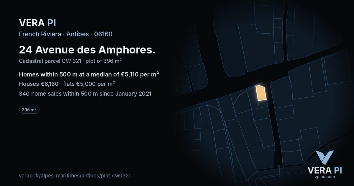 24 Avenue des Amphores, Antibes at night – the plot lit, the parcels around coloured by the prices near them