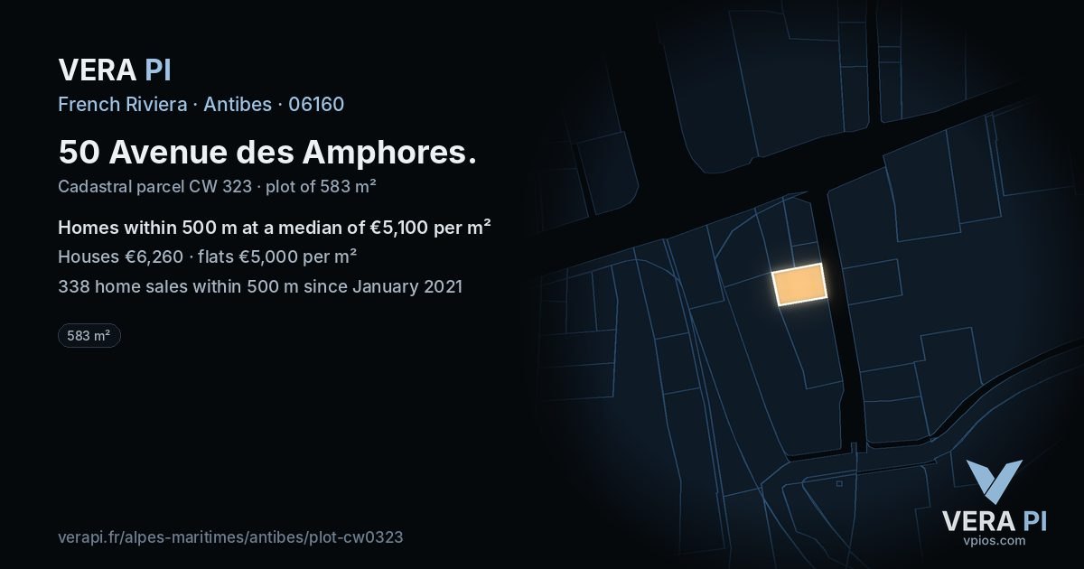 50 Avenue des Amphores, Antibes at night – the plot lit, the parcels around coloured by the prices near them