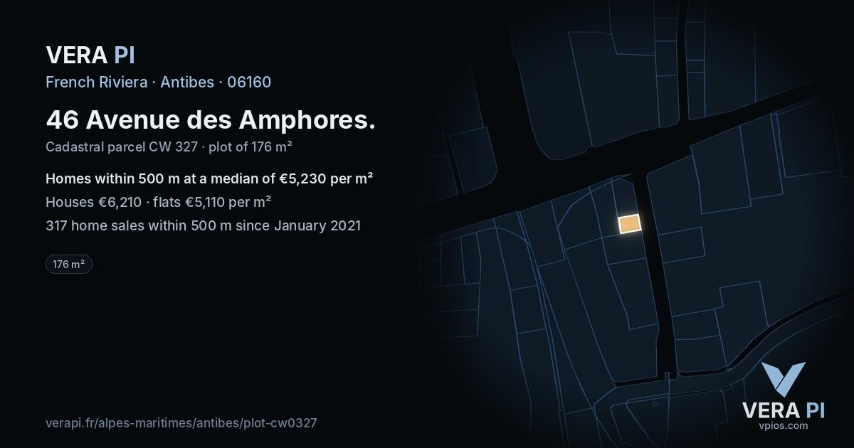46 Avenue des Amphores, Antibes at night – the plot lit, the parcels around coloured by the prices near them