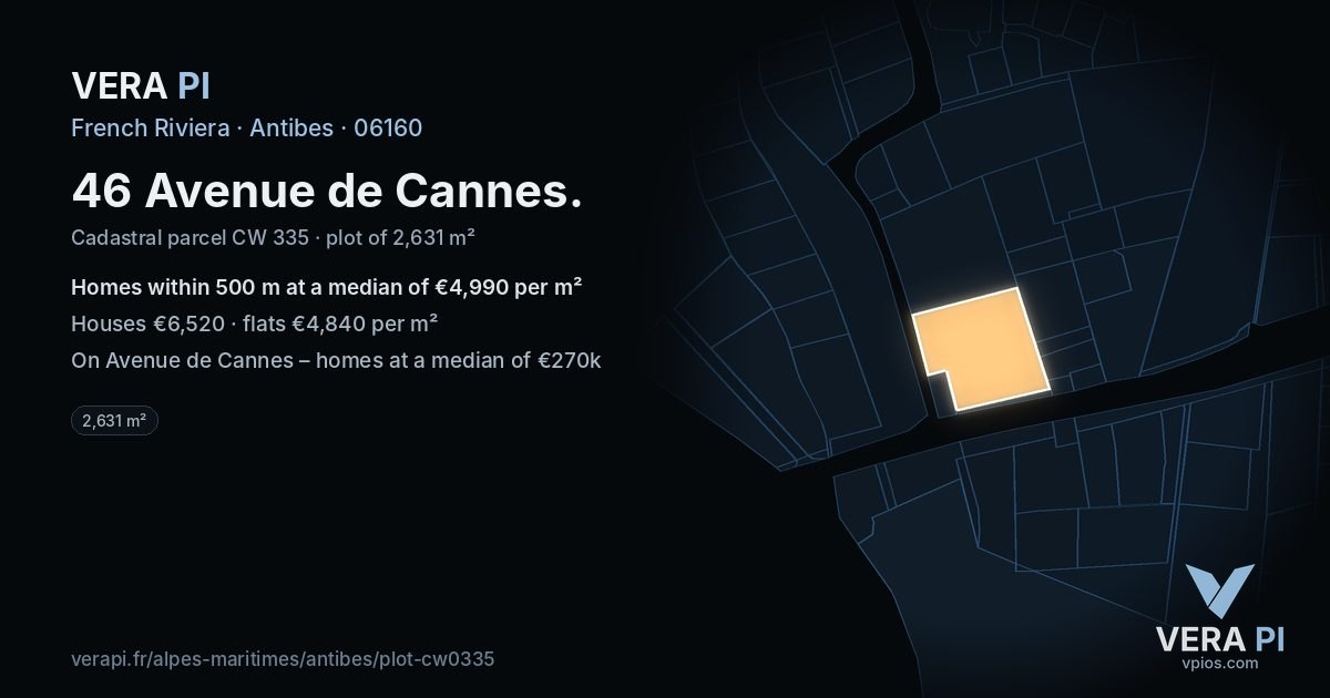 46 Avenue de Cannes, Antibes at night – the plot lit, the parcels around coloured by the prices near them