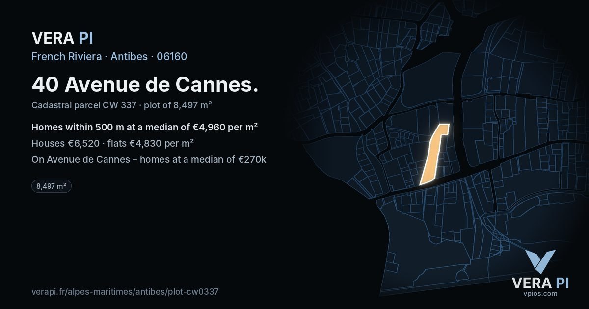 40 Avenue de Cannes, Antibes at night – the plot lit, the parcels around coloured by the prices near them