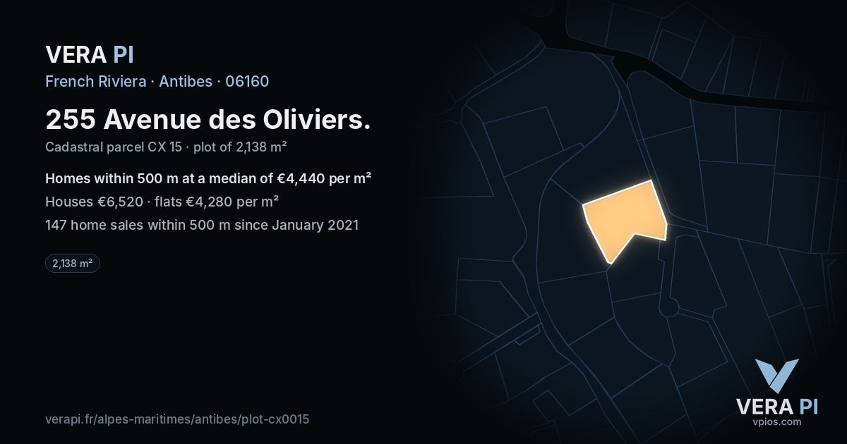 255 Avenue des Oliviers, Antibes at night – the plot lit, the parcels around coloured by the prices near them
