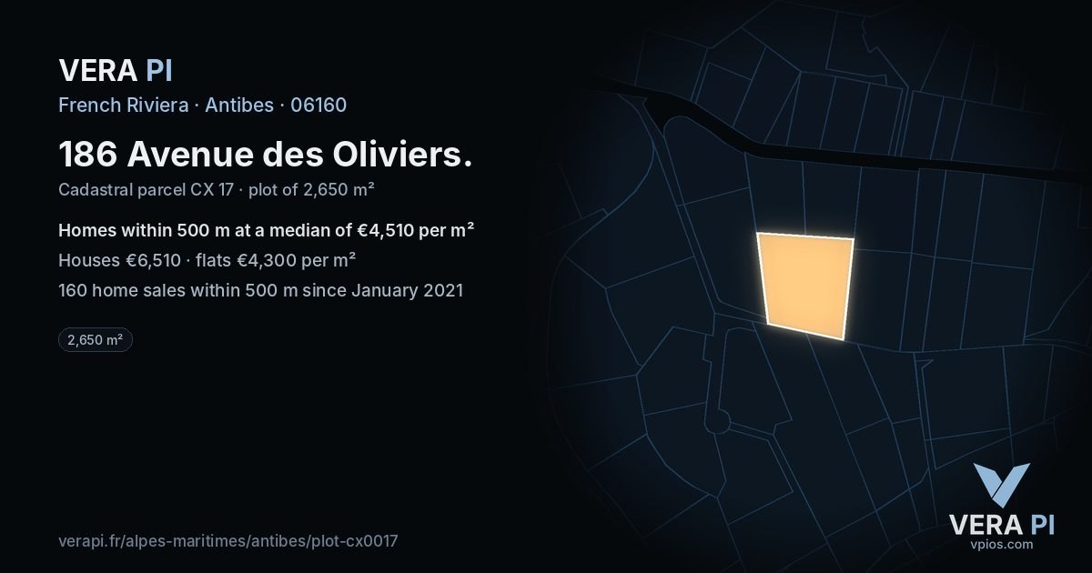 186 Avenue des Oliviers, Antibes at night – the plot lit, the parcels around coloured by the prices near them