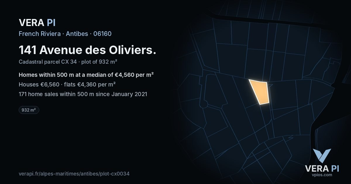 141 Avenue des Oliviers, Antibes at night – the plot lit, the parcels around coloured by the prices near them