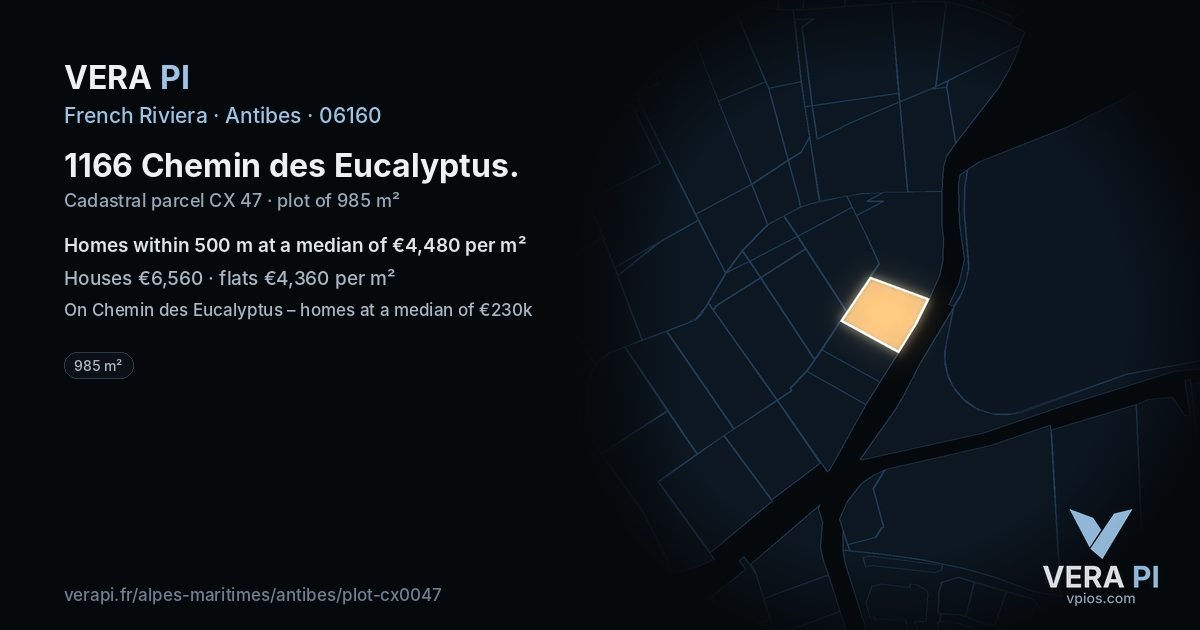 1166 Chemin des Eucalyptus, Antibes at night – the plot lit, the parcels around coloured by the prices near them