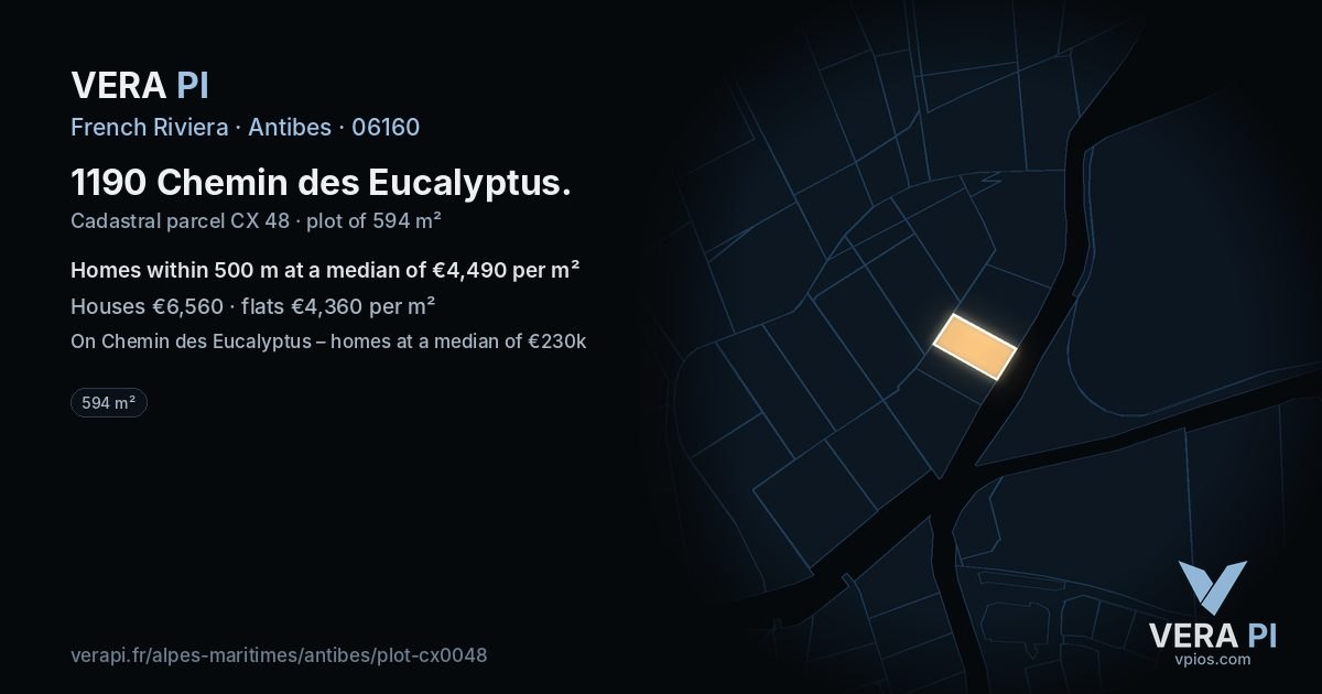 1190 Chemin des Eucalyptus, Antibes at night – the plot lit, the parcels around coloured by the prices near them