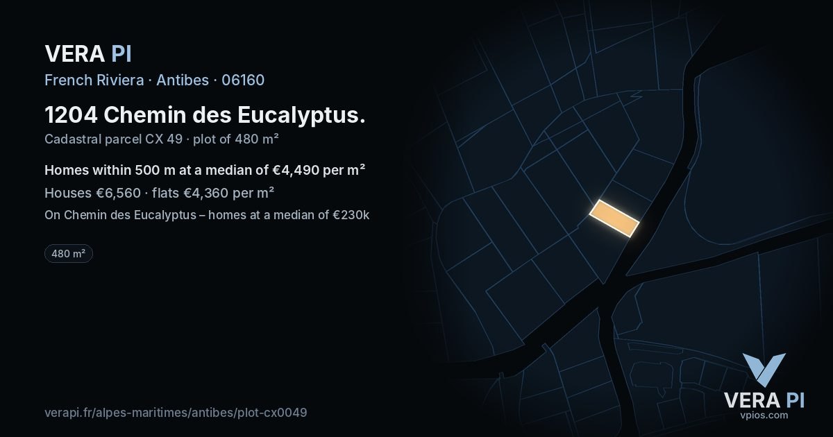 1204 Chemin des Eucalyptus, Antibes at night – the plot lit, the parcels around coloured by the prices near them