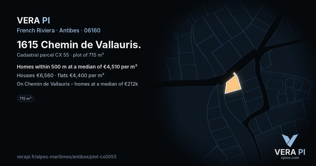 1615 Chemin de Vallauris, Antibes at night – the plot lit, the parcels around coloured by the prices near them