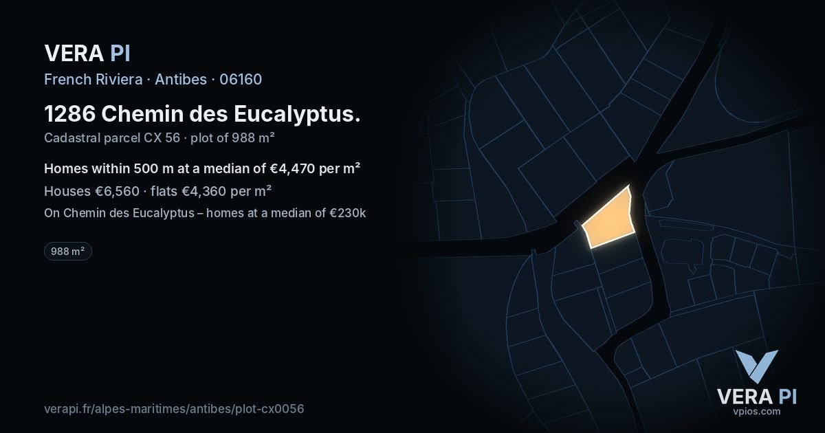 1286 Chemin des Eucalyptus, Antibes at night – the plot lit, the parcels around coloured by the prices near them