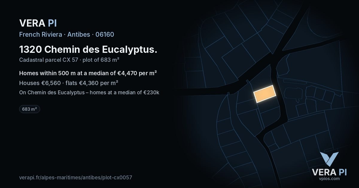 1320 Chemin des Eucalyptus, Antibes at night – the plot lit, the parcels around coloured by the prices near them