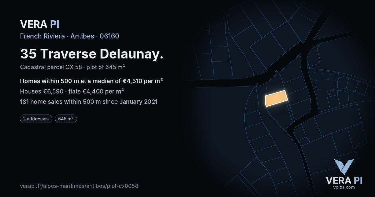 35 Traverse Delaunay, Antibes at night – the plot lit, the parcels around coloured by the prices near them