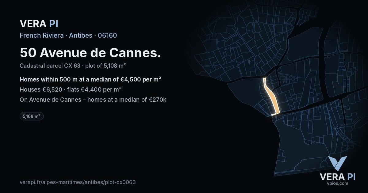 50 Avenue de Cannes, Antibes at night – the plot lit, the parcels around coloured by the prices near them