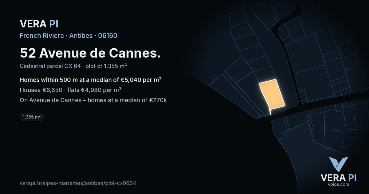 52 Avenue de Cannes, Antibes at night – the plot lit, the parcels around coloured by the prices near them