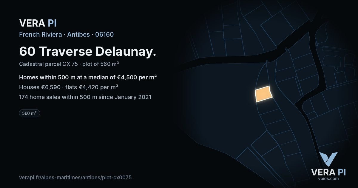 60 Traverse Delaunay, Antibes at night – the plot lit, the parcels around coloured by the prices near them