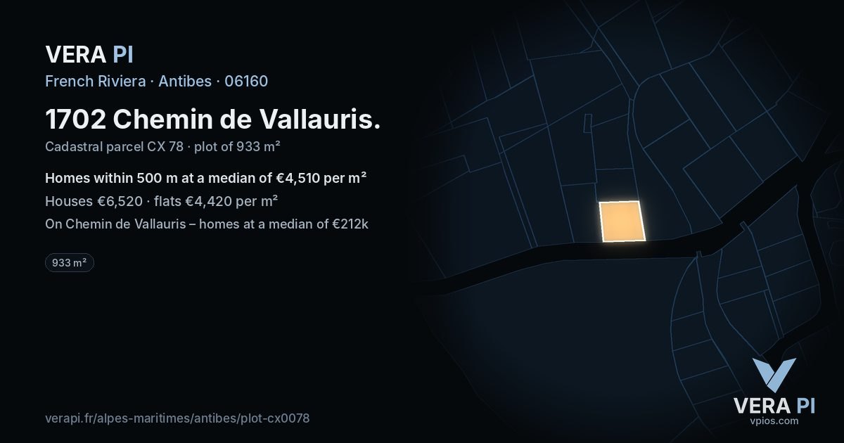 1702 Chemin de Vallauris, Antibes at night – the plot lit, the parcels around coloured by the prices near them