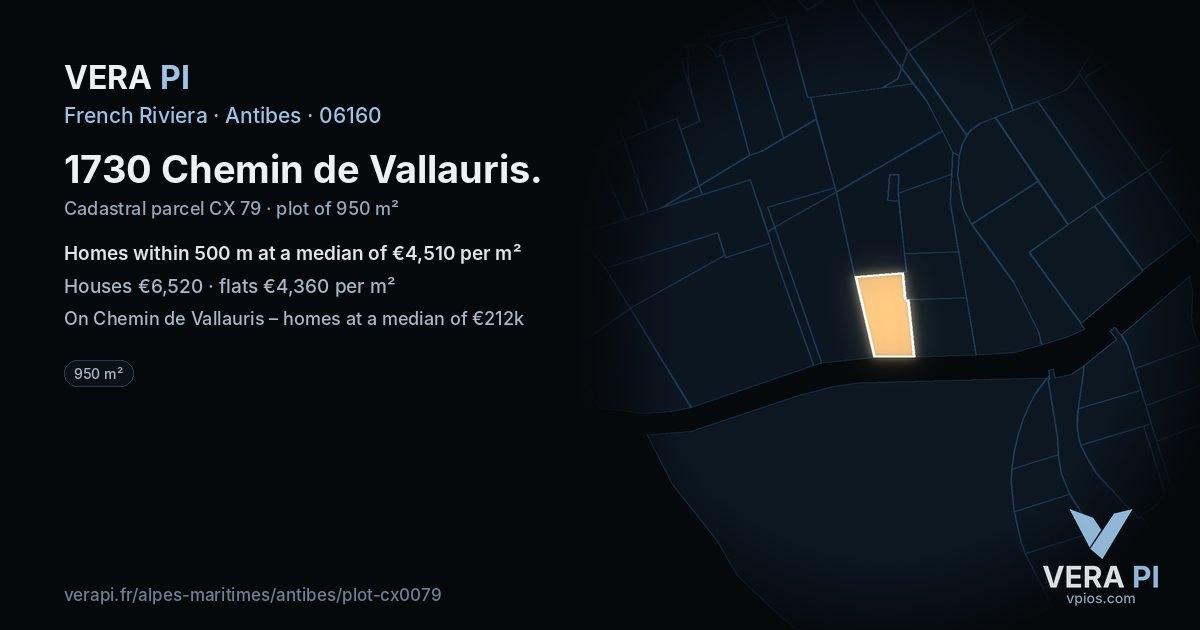 1730 Chemin de Vallauris, Antibes at night – the plot lit, the parcels around coloured by the prices near them