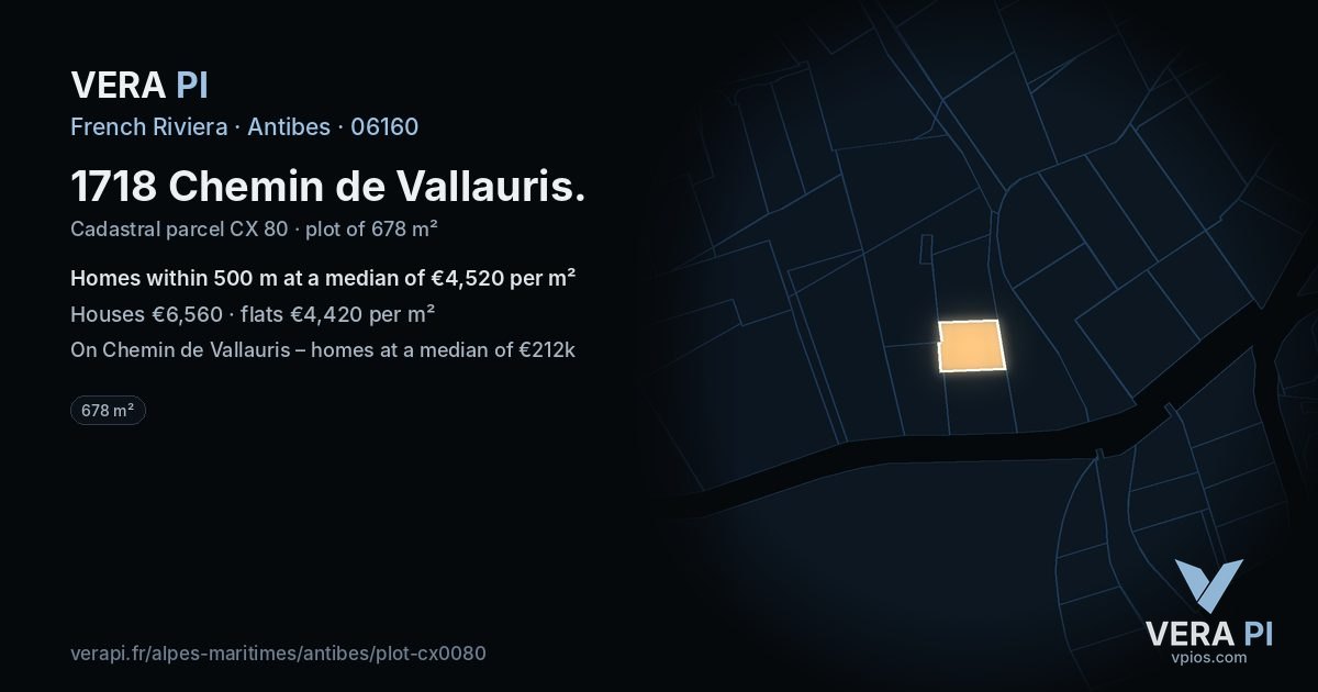 1718 Chemin de Vallauris, Antibes at night – the plot lit, the parcels around coloured by the prices near them