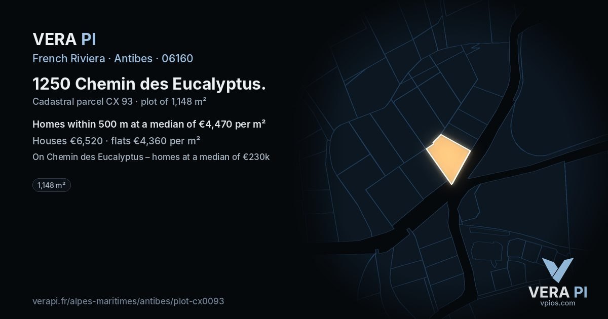1250 Chemin des Eucalyptus, Antibes at night – the plot lit, the parcels around coloured by the prices near them