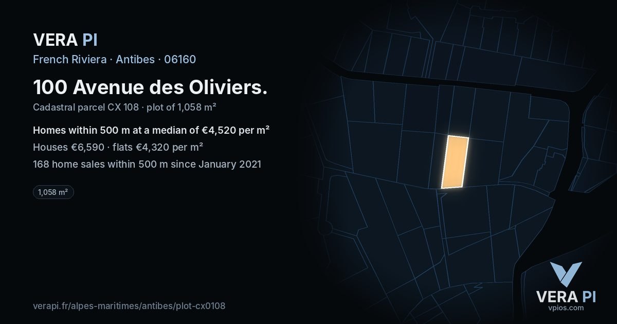 100 Avenue des Oliviers, Antibes at night – the plot lit, the parcels around coloured by the prices near them