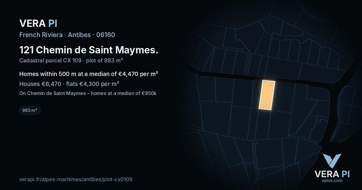 121 Chemin de Saint Maymes, Antibes at night – the plot lit, the parcels around coloured by the prices near them