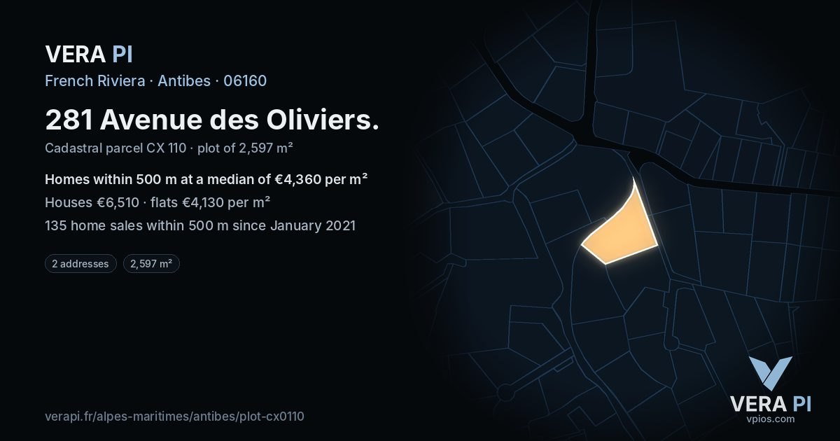 281 Avenue des Oliviers, Antibes at night – the plot lit, the parcels around coloured by the prices near them