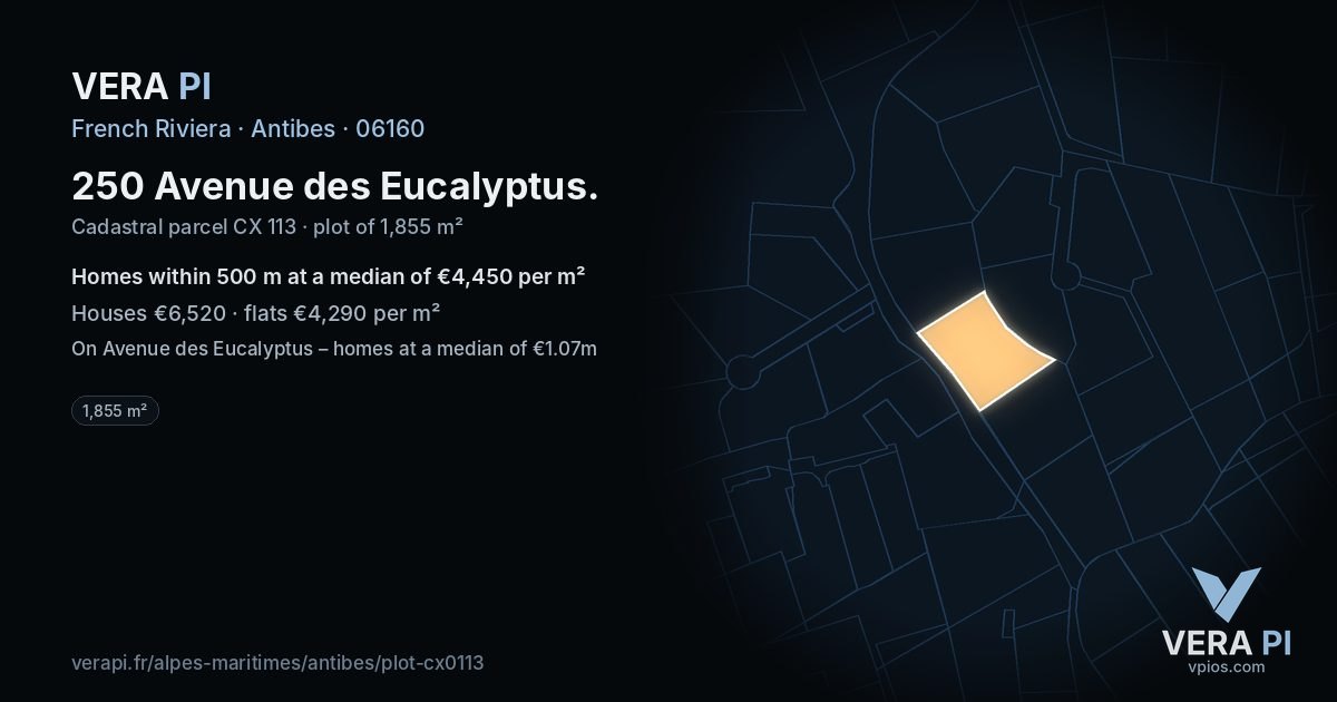 250 Avenue des Eucalyptus, Antibes at night – the plot lit, the parcels around coloured by the prices near them