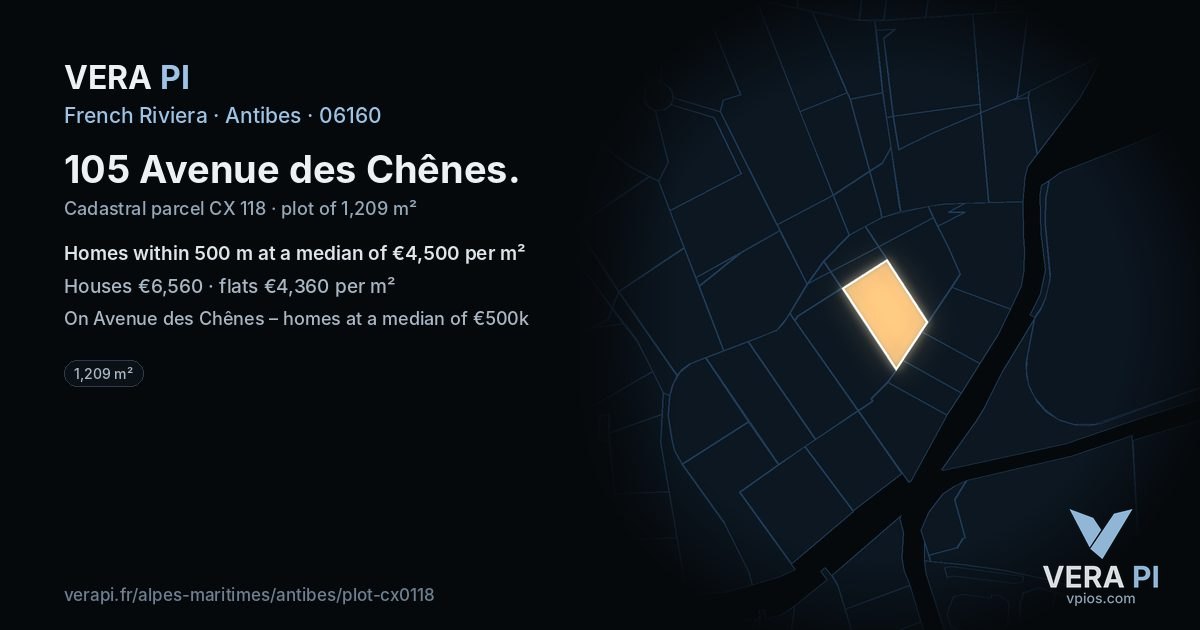 105 Avenue des Chênes, Antibes at night – the plot lit, the parcels around coloured by the prices near them
