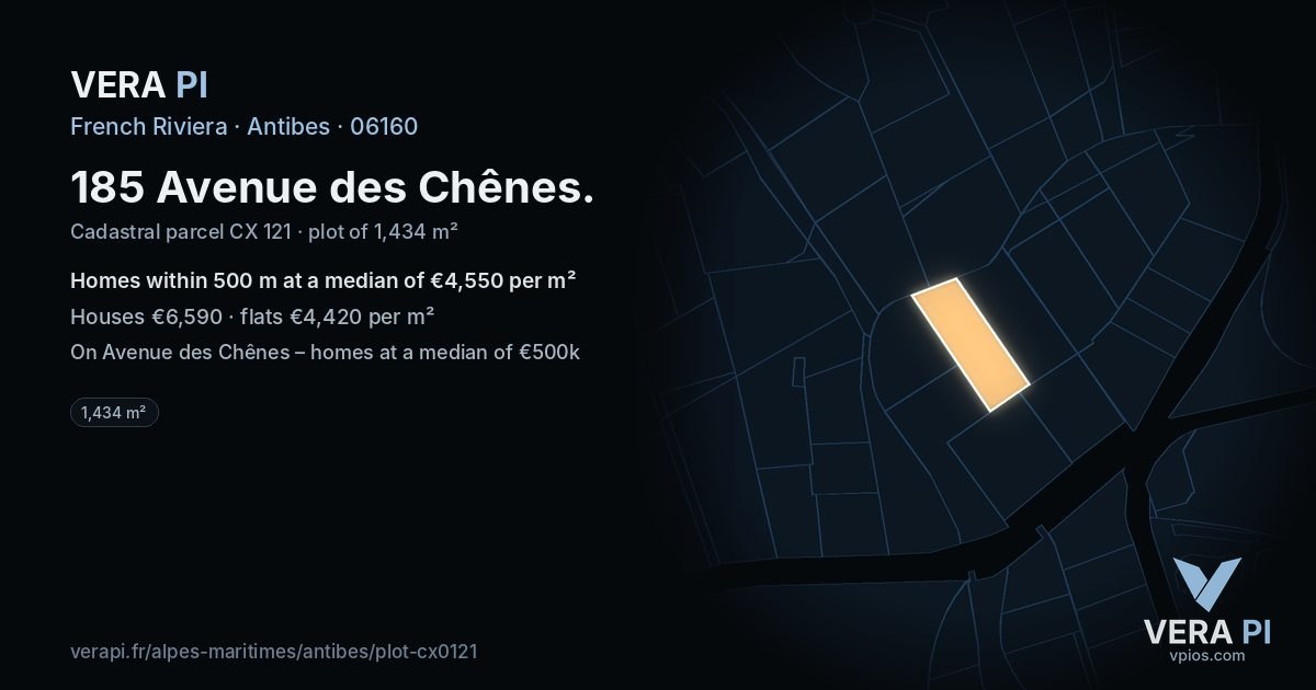 185 Avenue des Chênes, Antibes at night – the plot lit, the parcels around coloured by the prices near them
