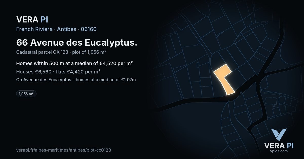 66 Avenue des Eucalyptus, Antibes at night – the plot lit, the parcels around coloured by the prices near them