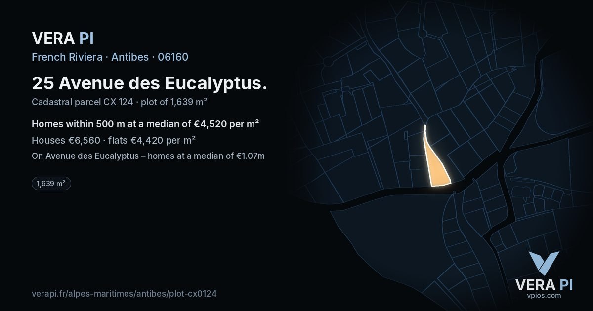 25 Avenue des Eucalyptus, Antibes at night – the plot lit, the parcels around coloured by the prices near them