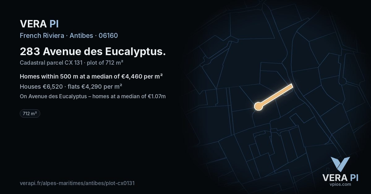 283 Avenue des Eucalyptus, Antibes at night – the plot lit, the parcels around coloured by the prices near them